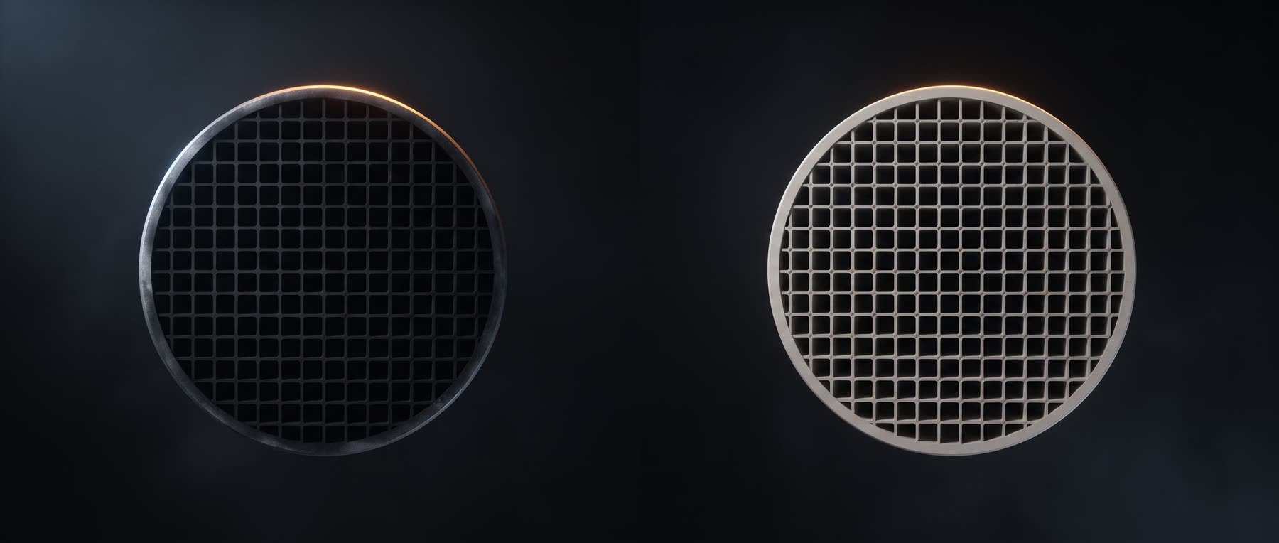 Two diesel particulate filter faces side by side under identical light: the left one soot-blocked and black, the right one clean with every channel open.
