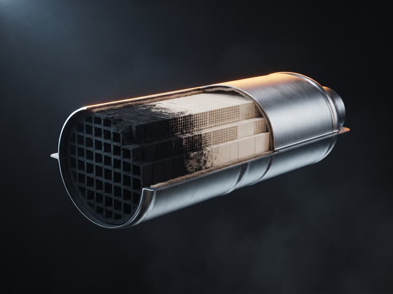 A diesel particulate filter cut open, its honeycomb channels packed with soot at the inlet and clear at the outlet.