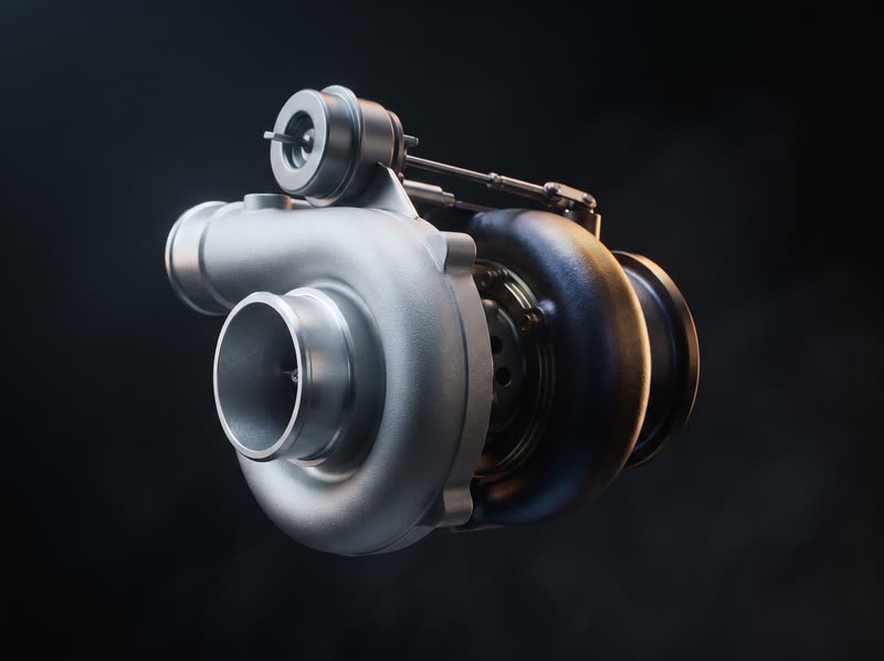 A variable-geometry turbocharger, its vane actuator and linkage visible, turbine housing discoloured by heat.